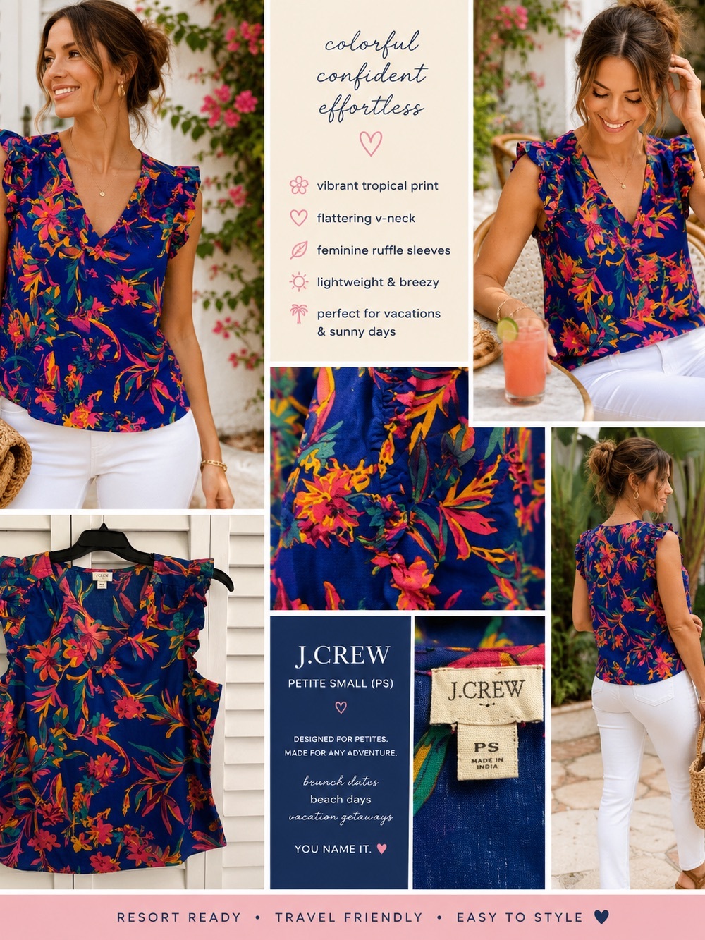 J.Crew Petite Small Blue Floral Ruffle Sleeve Blouse Resort Vacation Tropical